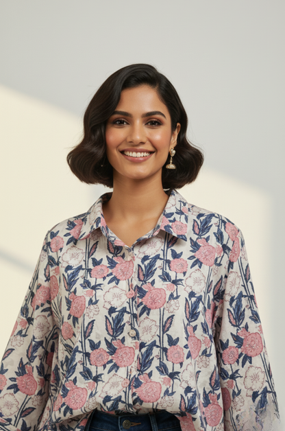 Maati  Soft Blossom Handblock Printed  Everyday Cotton Shirt