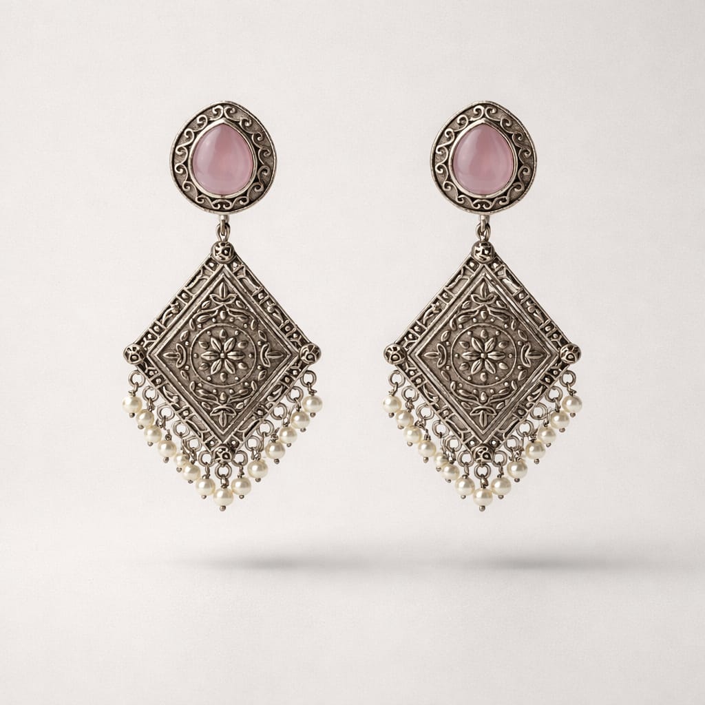 Oxidized Silver Teardrop Pink Stone Earrings with Pearl Fringe LP- 48Hr Delivery