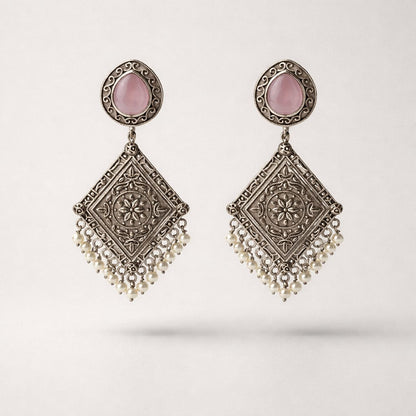 Oxidized Silver Teardrop Pink Stone Earrings with Pearl Fringe LP- 48Hr Delivery