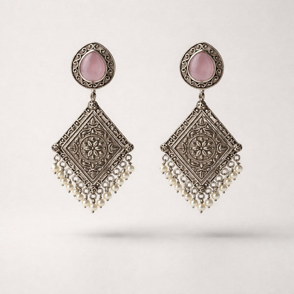 Oxidized Silver Teardrop Pink Stone Earrings with Pearl Fringe LP- 48Hr Delivery