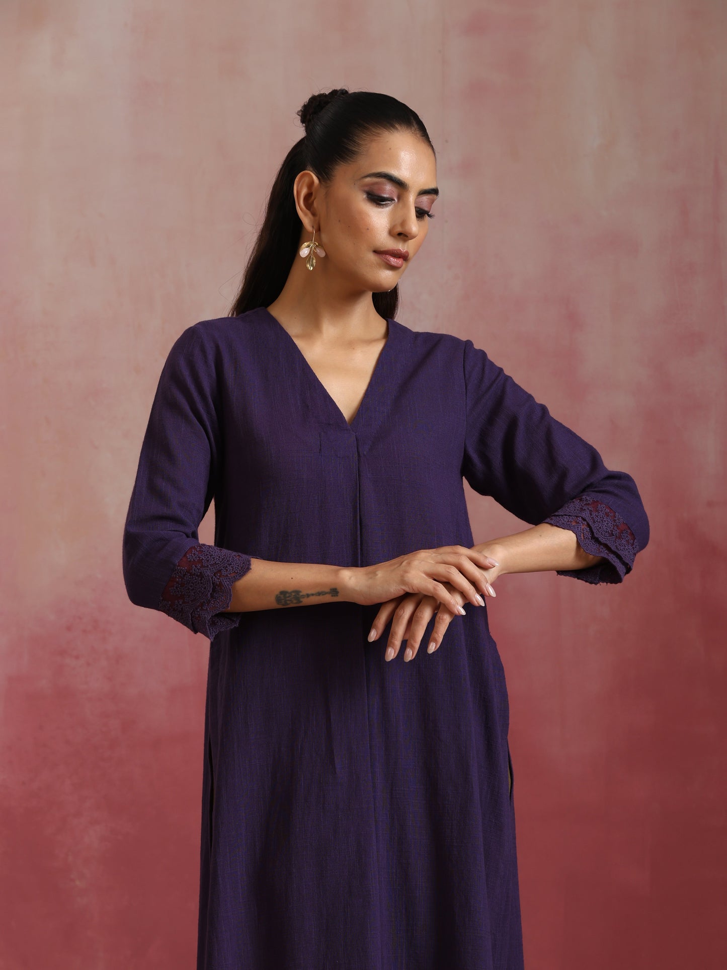 trueBrowns Purple Cotton Dobby Kurta Set