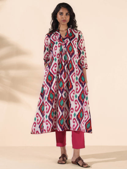 trueBrowns Pink Cotton Ikat Flared Kurta Pant Set