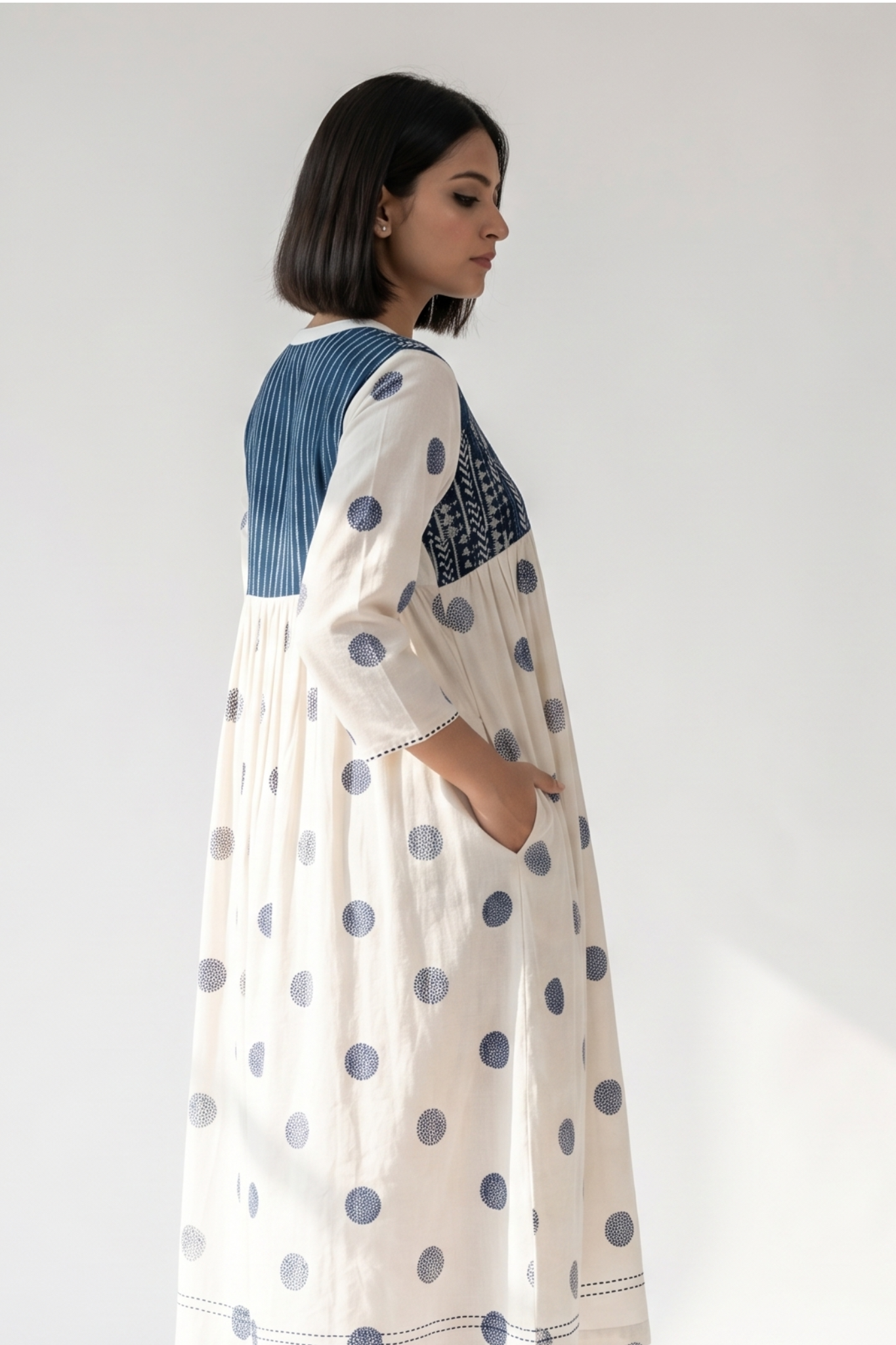Ivory And Ocean Pebbles Pintuck Yoke Dress