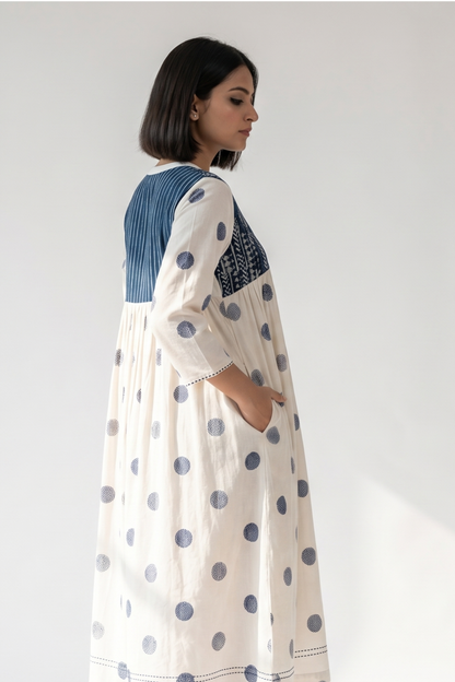 Ivory And Ocean Pebbles Pintuck Yoke Dress