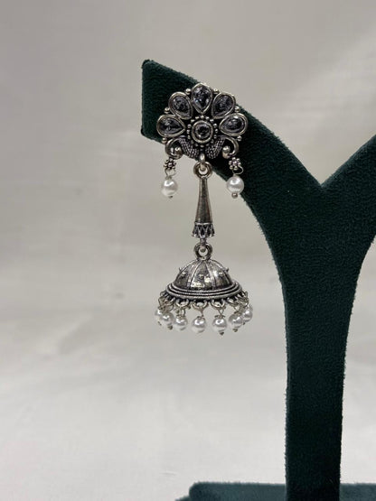 Oxidised Metal Circular Hanging Earrings with White Beads