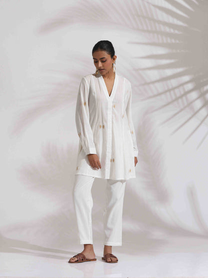 trueBrowns Off-White Cotton Embroidered A-line Co-ord Set