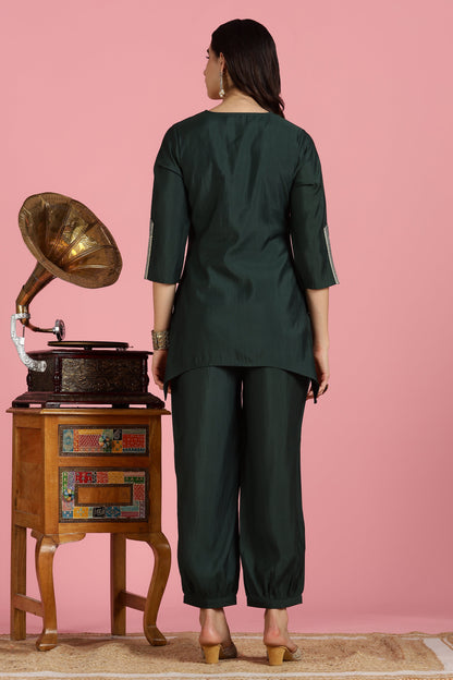 Chanderi Silk Bottle Green Kurta and Pants with Pocket  2PCS Set - LP