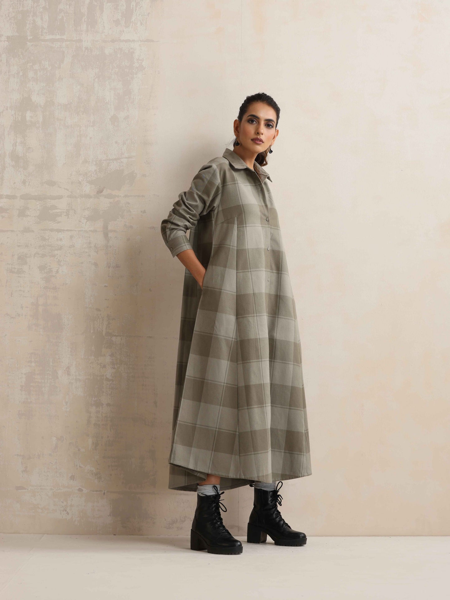 trueBrowns Green Check Flared Winter Dress