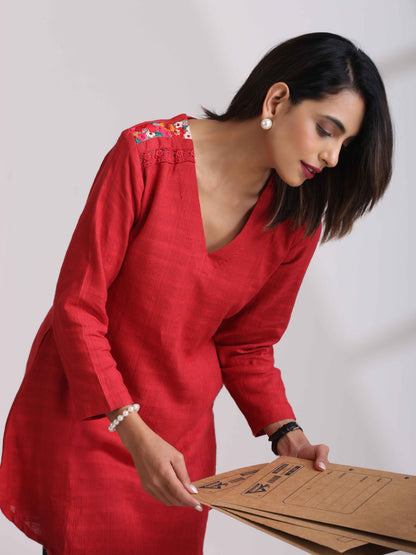 trueBrowns Red Cotton Dobby Kurta Co-ord set