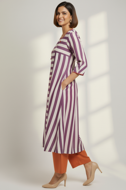 Maati  Lavender Stride Cotton Square Neck Panelled Long Kurta