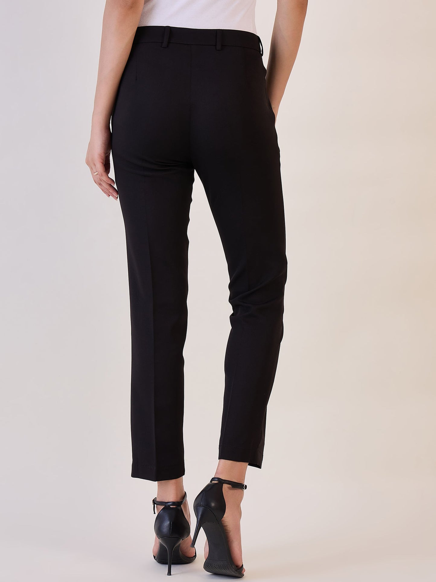 Slim Fit Mid Waist Stretch Pants- Black