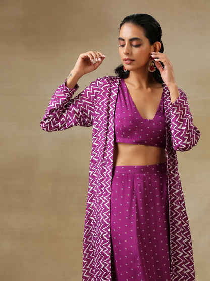 Purple Bandhani Printed Silk Top Skirt Jacket Set
