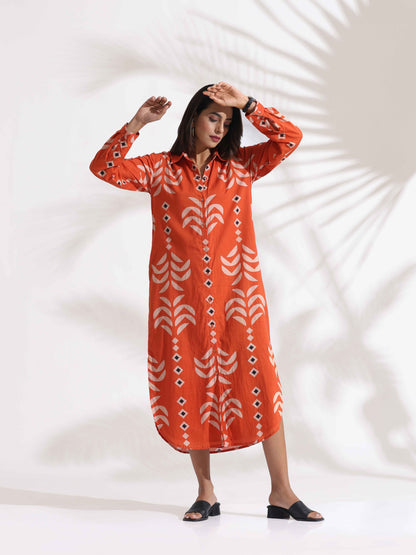trueBrowns Orange Cotton Print Shirt Dress