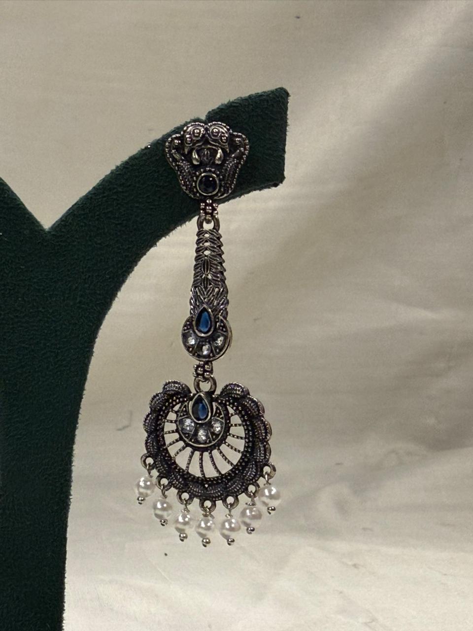 Oxidised Metal Circular Hanging Earrings with Blue Stone & White Beads