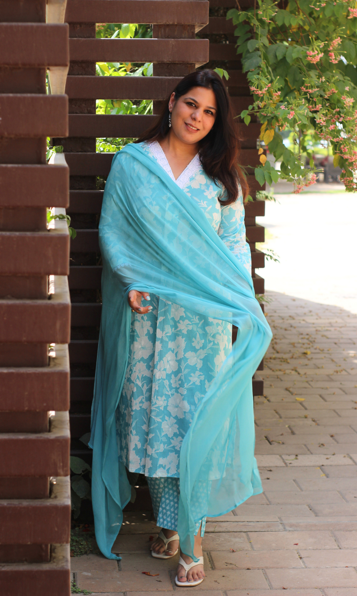 Baareeki Cotton Blue Botanika Printed Suit with Chiffon Dupatta