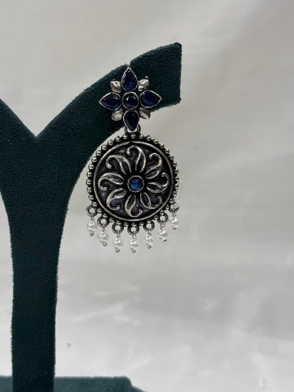 Oxidized Metal Blue Floral Drop Earrings with Pearl Dangles