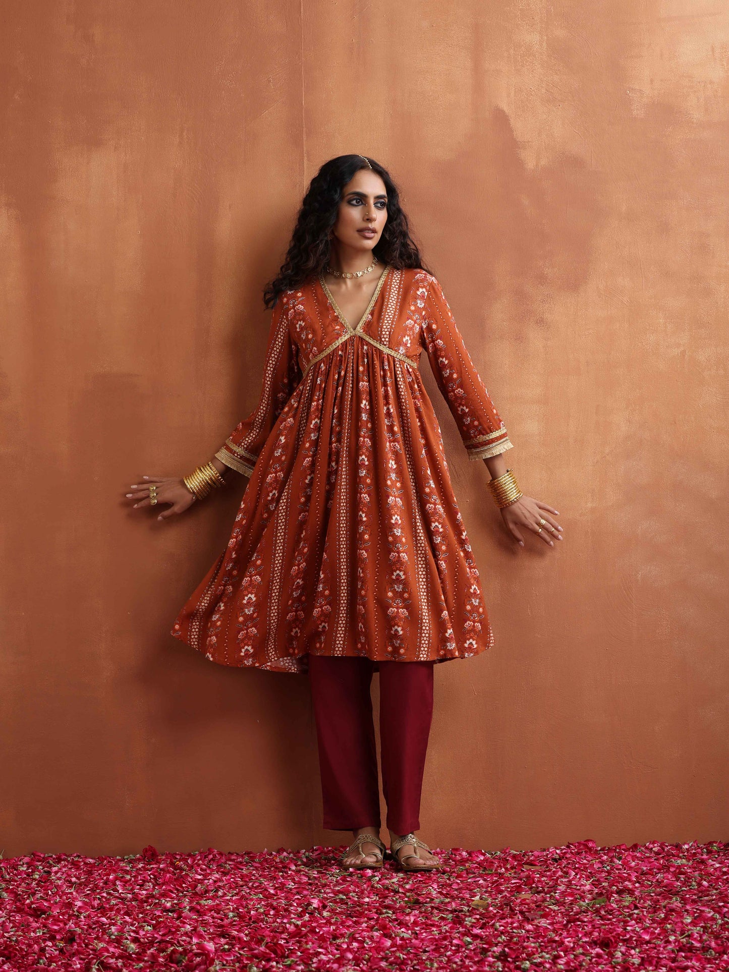 trueBrowns Orange Print Anarkali Kurta Co-ord Set