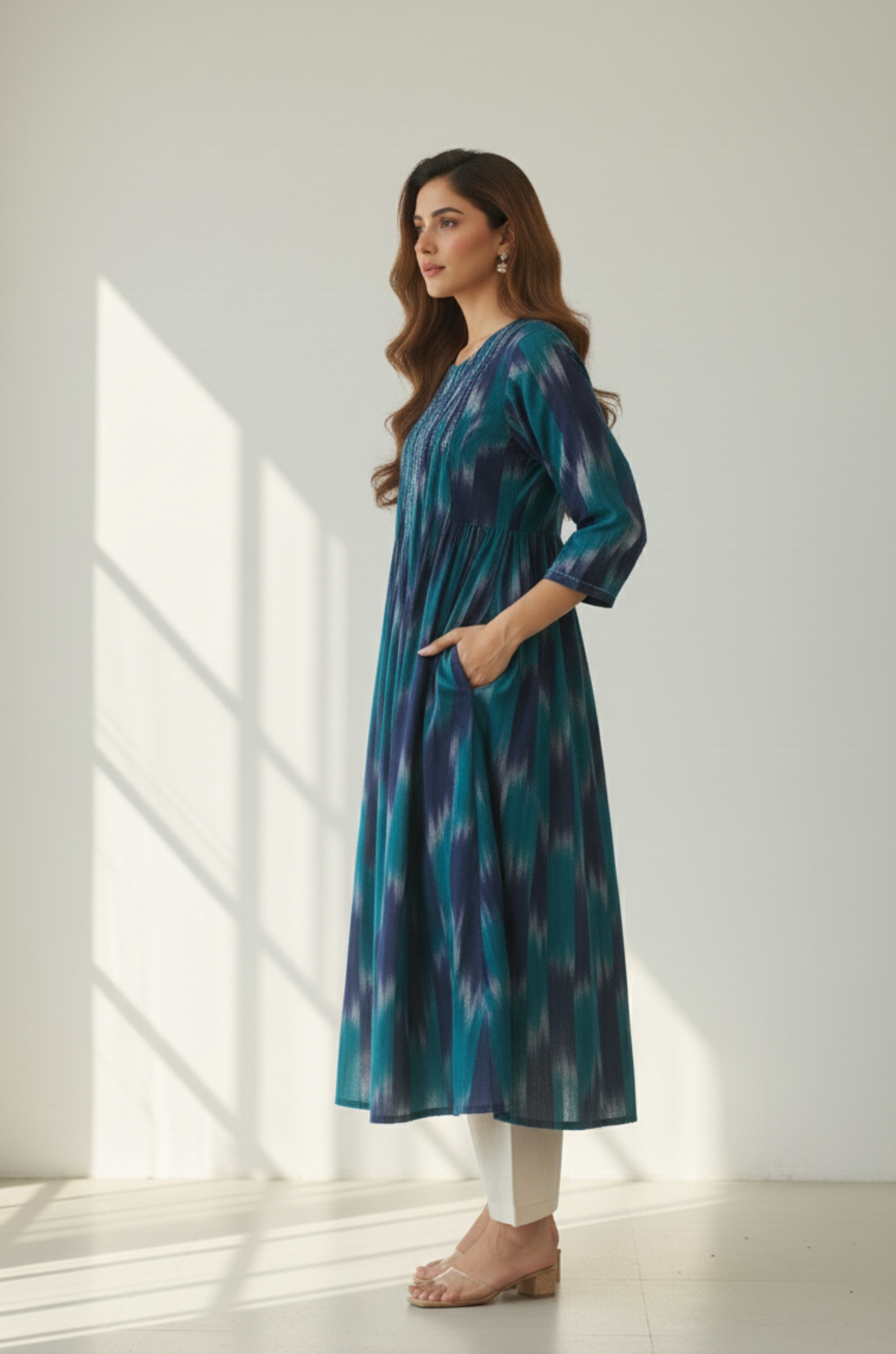 Maati  Teal Dusk Cotton Ikat Pintuck Long Dress