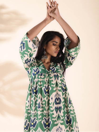trueBrowns Green Cotton Ikat Flared Kurta Pant Set