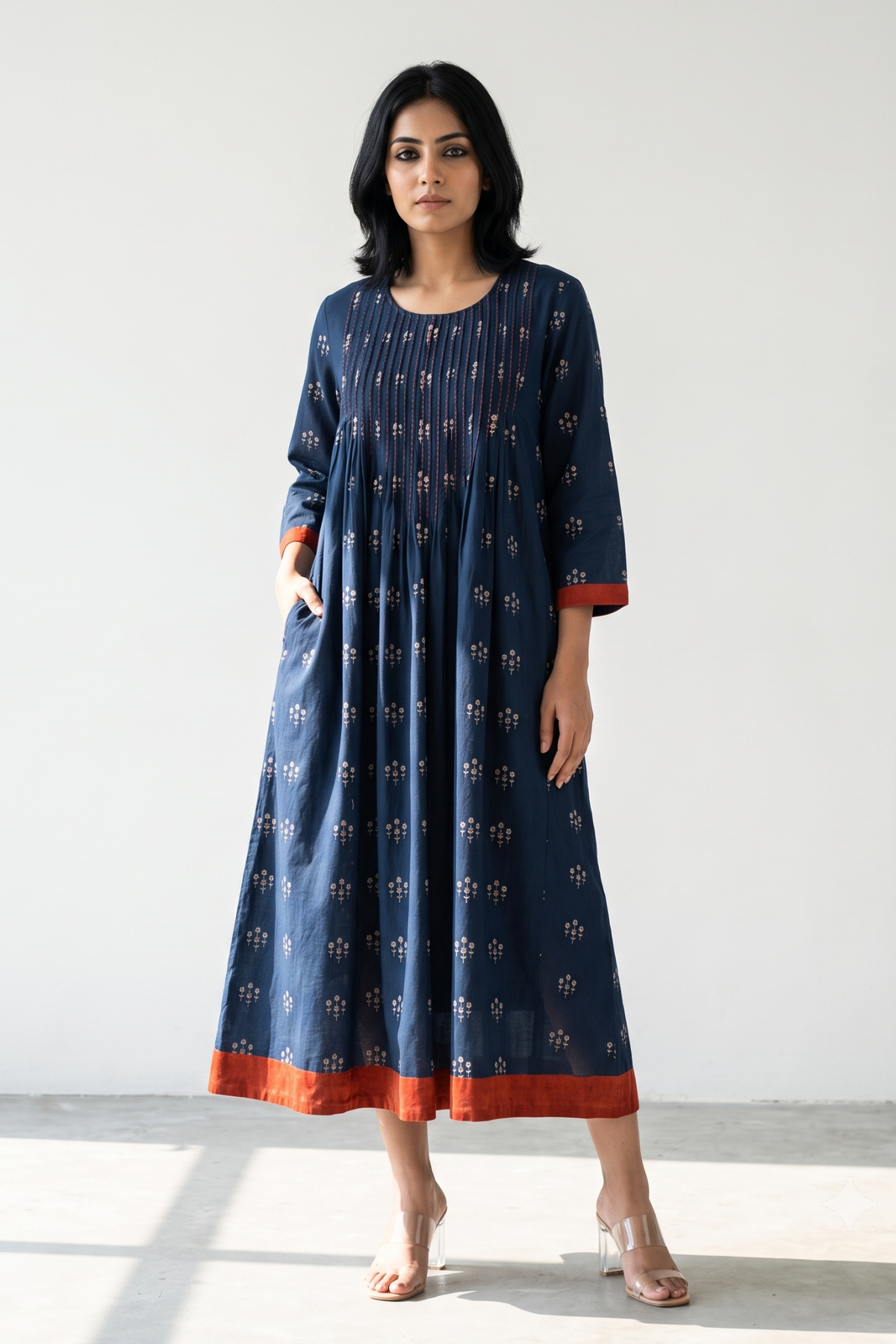 Navy Floral Bunch Cotton Kurta Top With Pintuck Mc