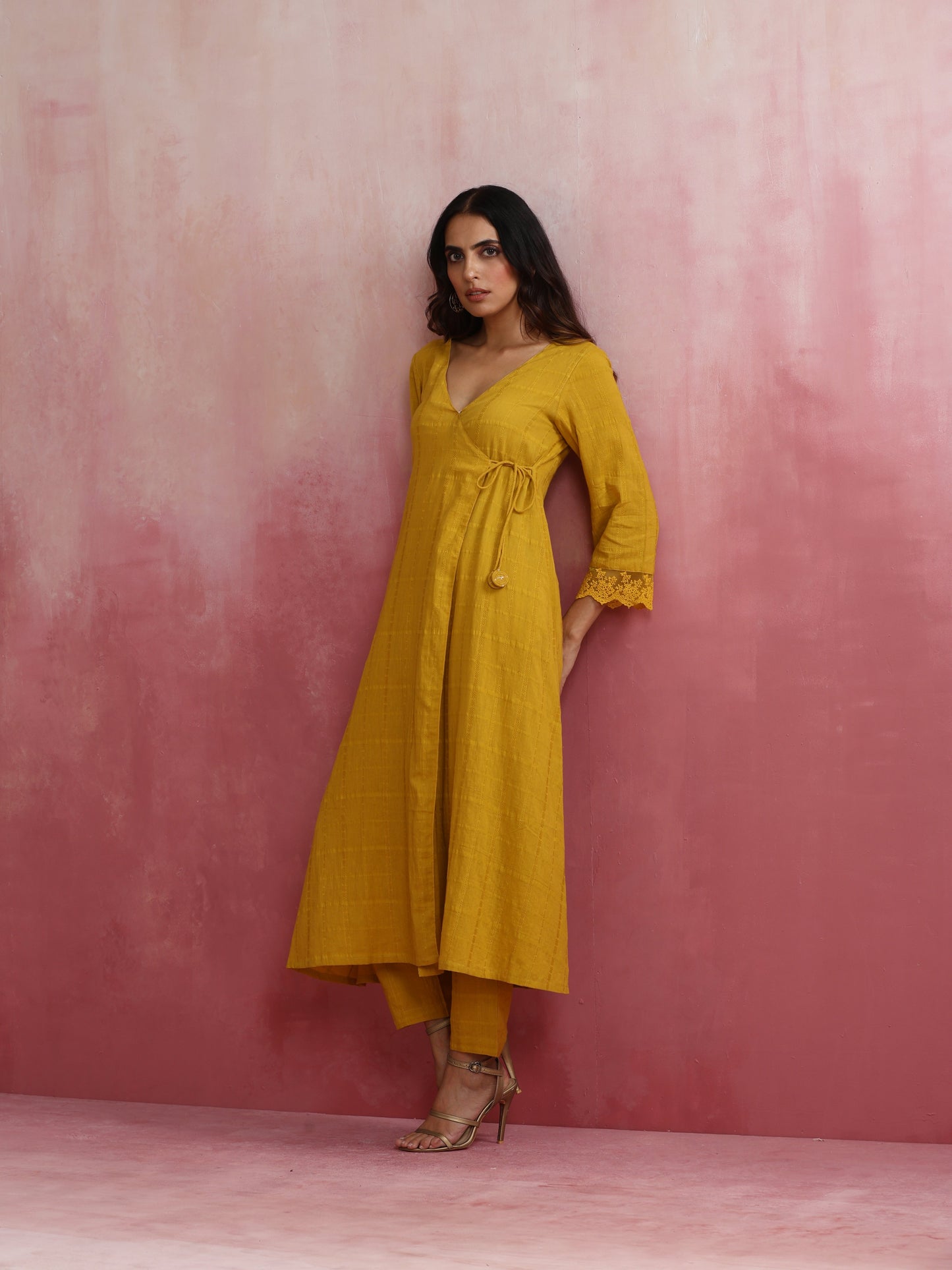 trueBrowns Mustard Cotton Dobby Kurta Set