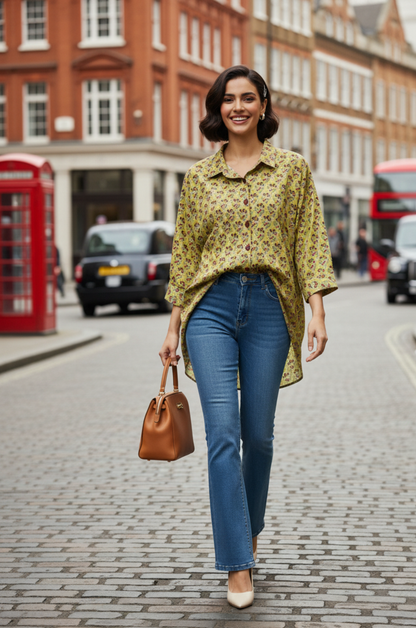 Maati  Mint Blossom Handblock Printed  Everyday Cotton Shirt