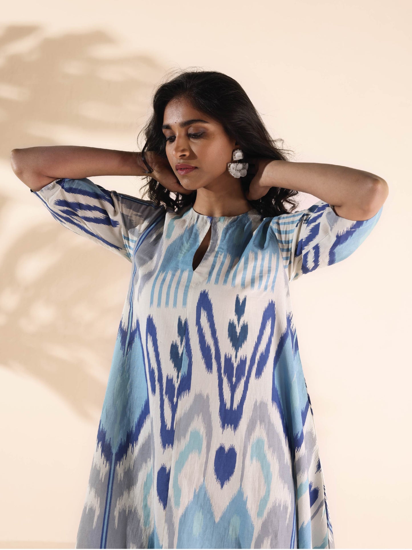trueBrowns Blue Cotton Ikat Flared Kurta Pant Set