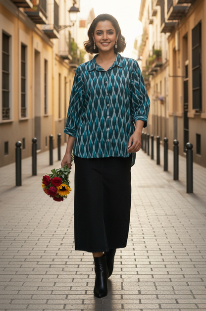 Maati  Emerald Hive Cotton Ikat Everyday Cotton Shirt