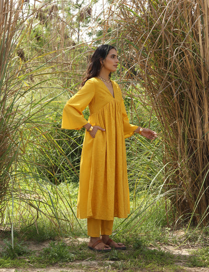 trueBrowns Mustard Cotton Embroidered Flared Kurta Set