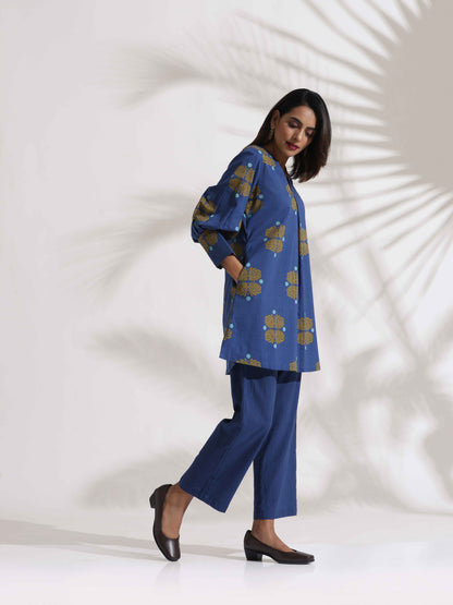 trueBrowns Blue Cotton Print Top & Pants Co-ord Set