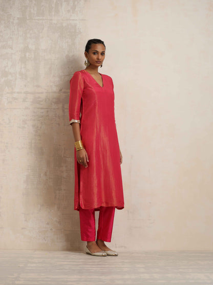 trueBrowns Hot Pink Tissue Straight Kurta Set