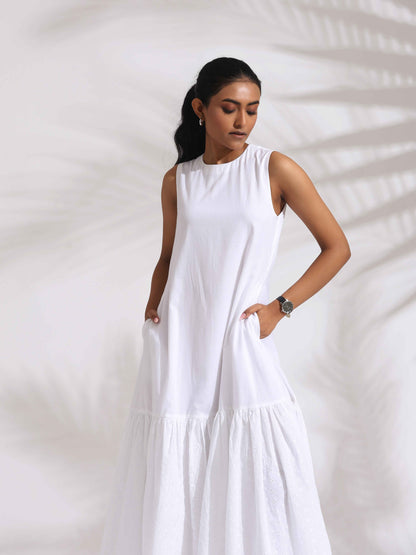 trueBrowns White Cotton Schiffli Tier Dress