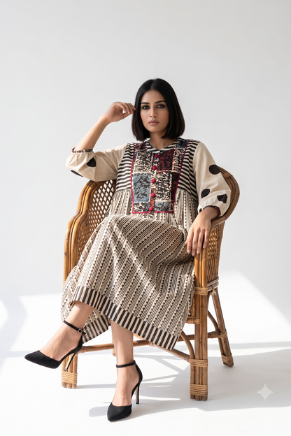 Black Dotlines Pattern Story Cotton Gather Dress With Yoke