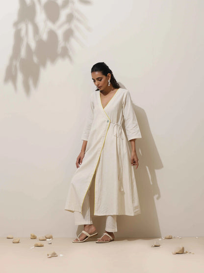 trueBrowns Off White Cotton Angrakha Kurta Pant Set