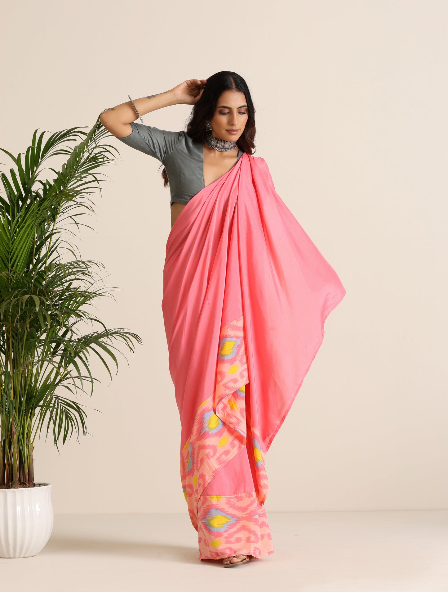 trueBrowns Pink Lime Muslin Ikat Ready to Wear Saree