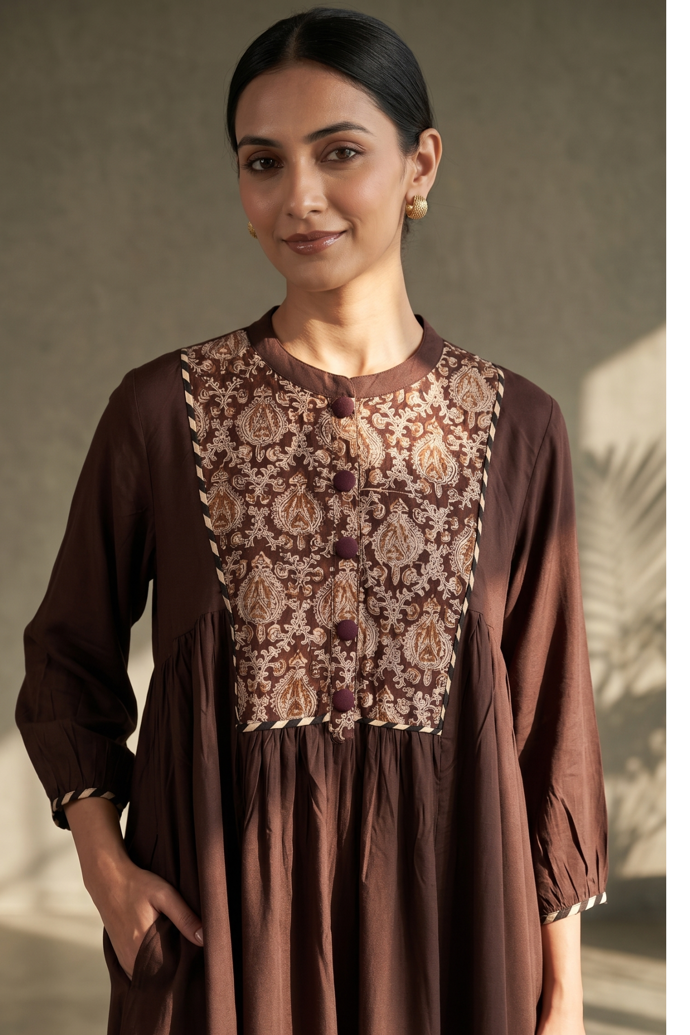 Espresso Ease Modal Gather Dress With Yoke Mc