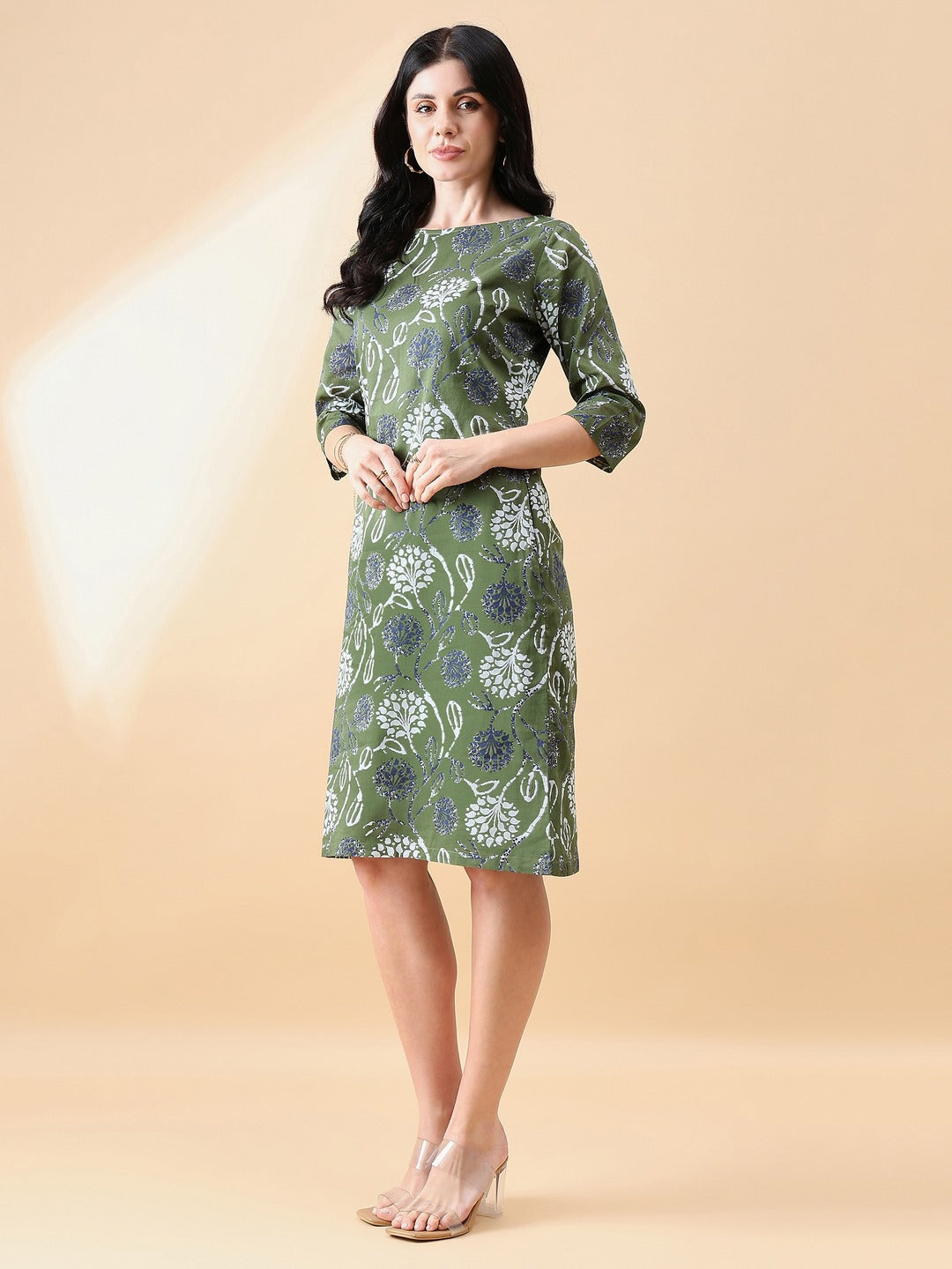 A-Line cotton floral printed dress- Olive