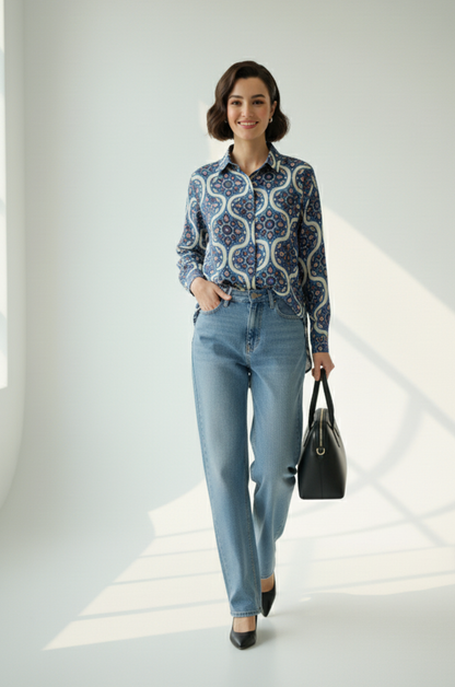 Maati  Tribal Blue Cotton Button Down Shirt