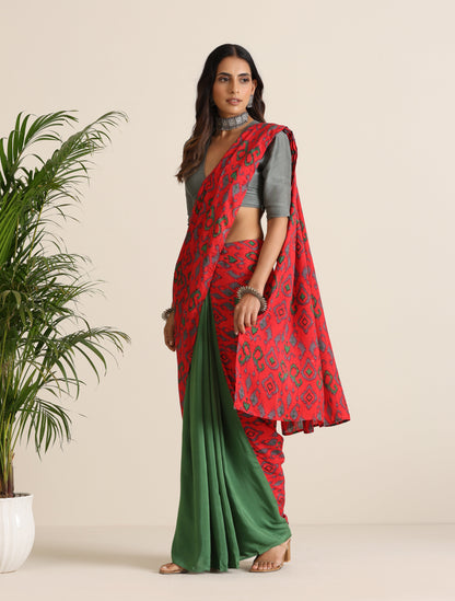 trueBrowns Red Muslin Ikat Ready to Wear Saree