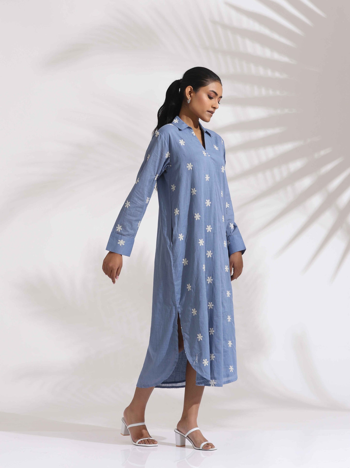 trueBrowns Blue Cotton Floral Embroidered Dress