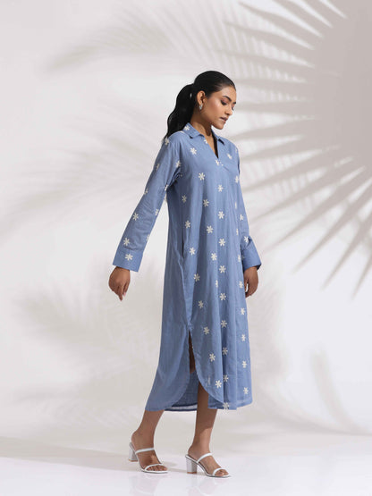 trueBrowns Blue Cotton Floral Embroidered Dress