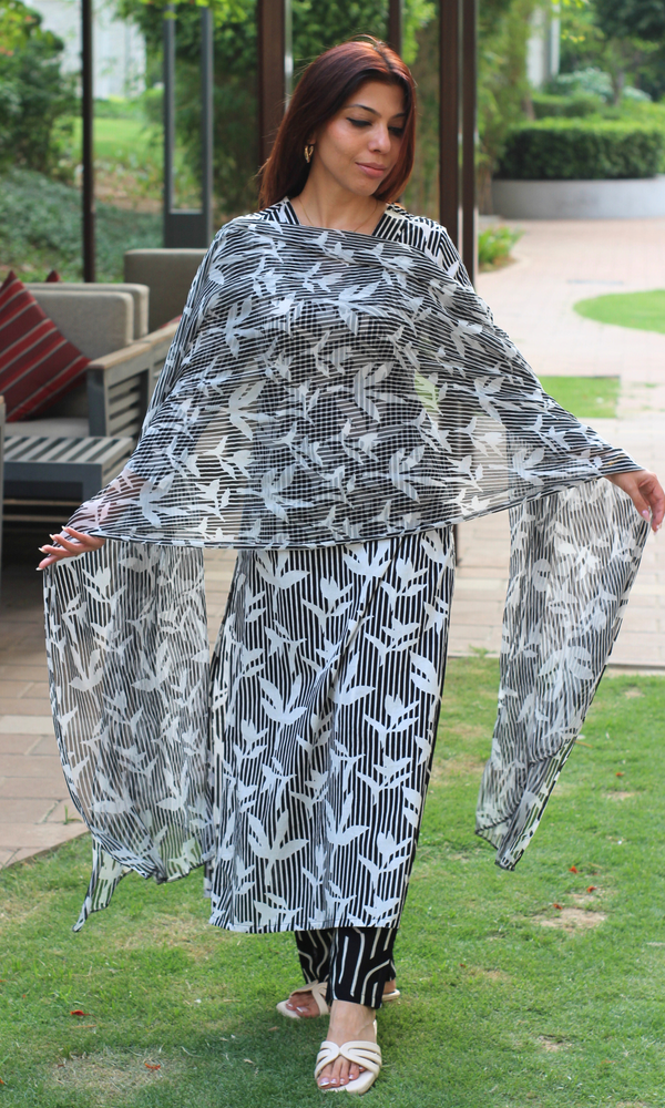 Baareeki Cotton Black Shadow Leaf Printed Suit with Chiffon Printed Dupatta
