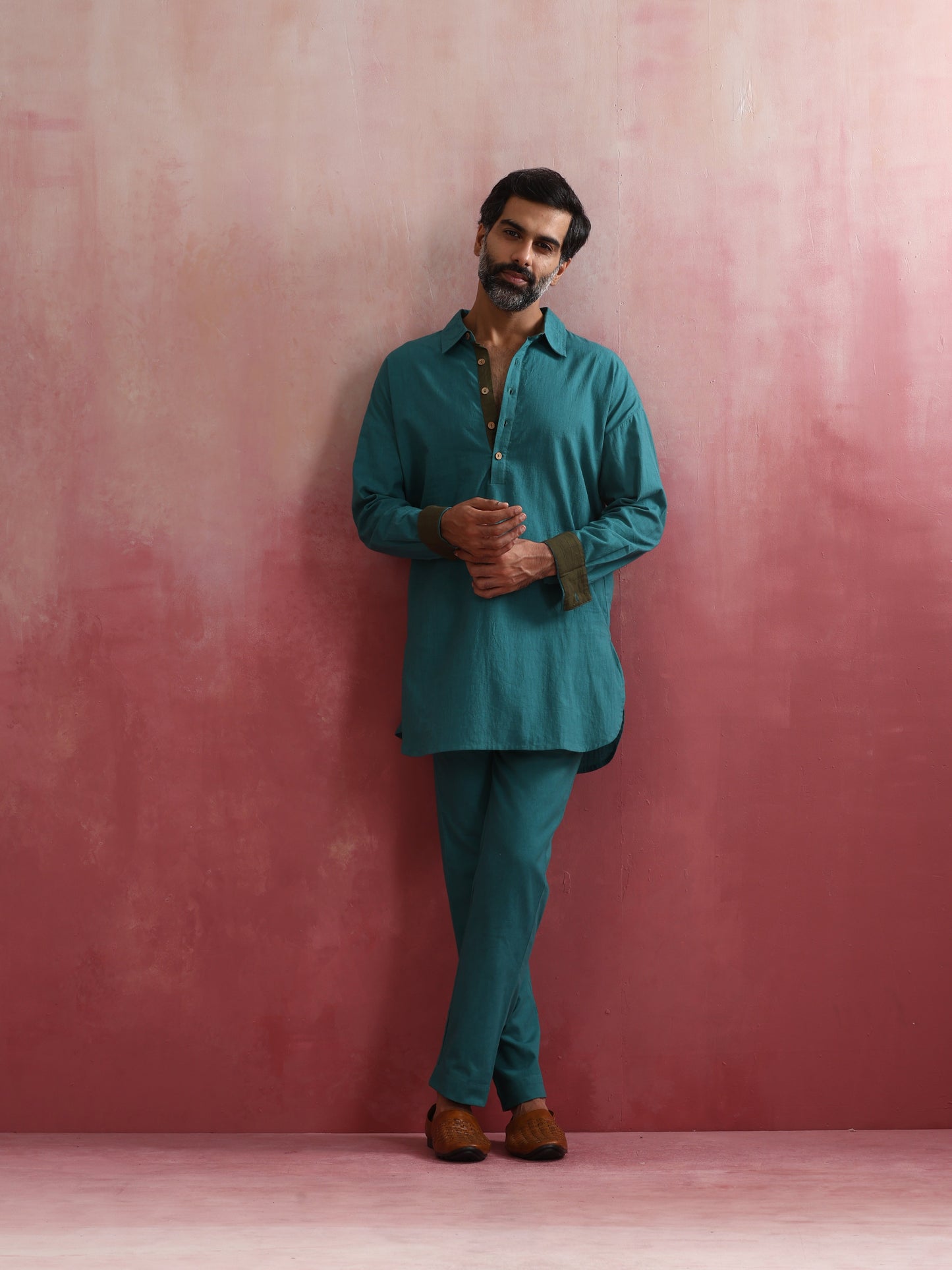 trueBrowns Men's Teal  Cotton Shirt Collar Stylized Kurta Co-ord set