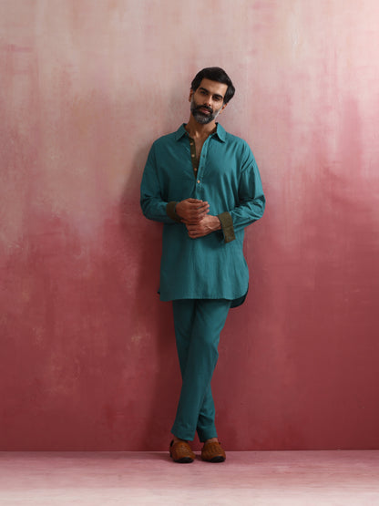 trueBrowns Men's Teal  Cotton Shirt Collar Stylized Kurta Co-ord set