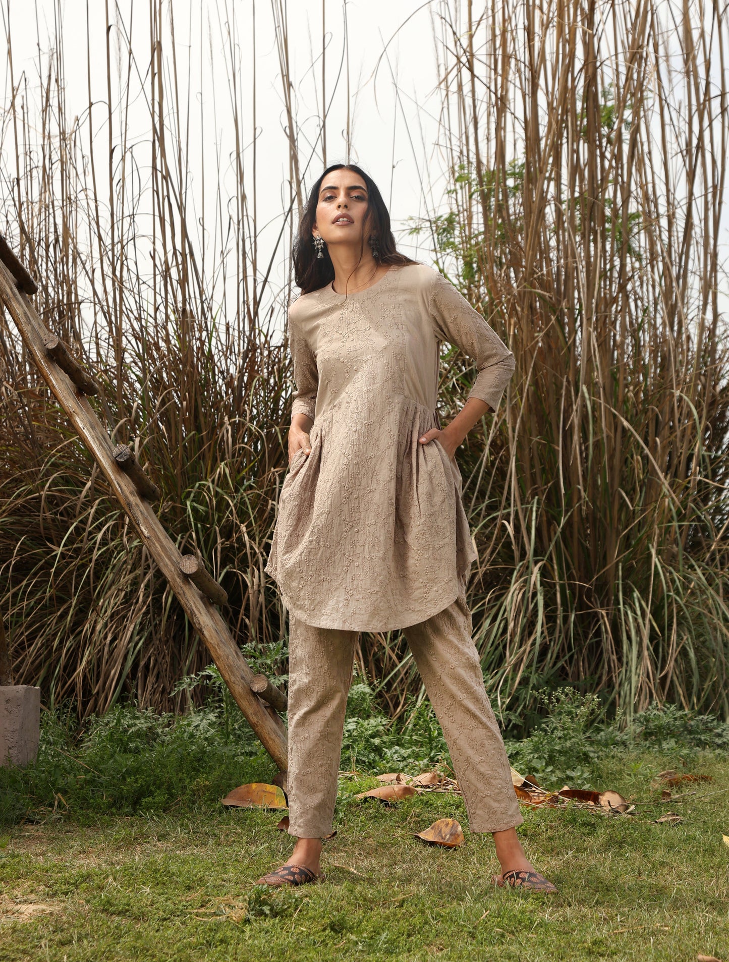 trueBrowns Khaki Cotton Embroidered Co-ord Set