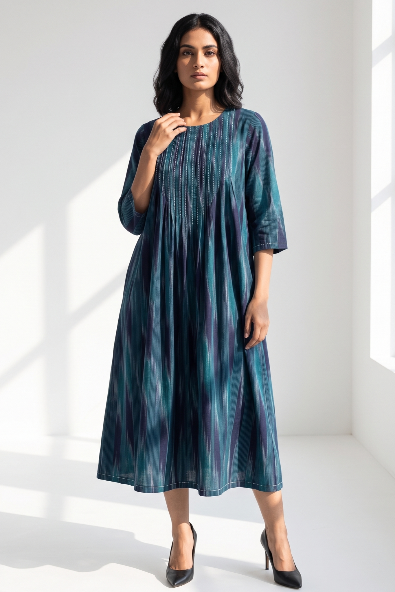 Peacock Weave Daimond Ikat Cotton Kurta Top With Pintuck