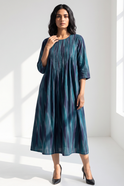 Peacock Weave Daimond Ikat Cotton Kurta Top With Pintuck