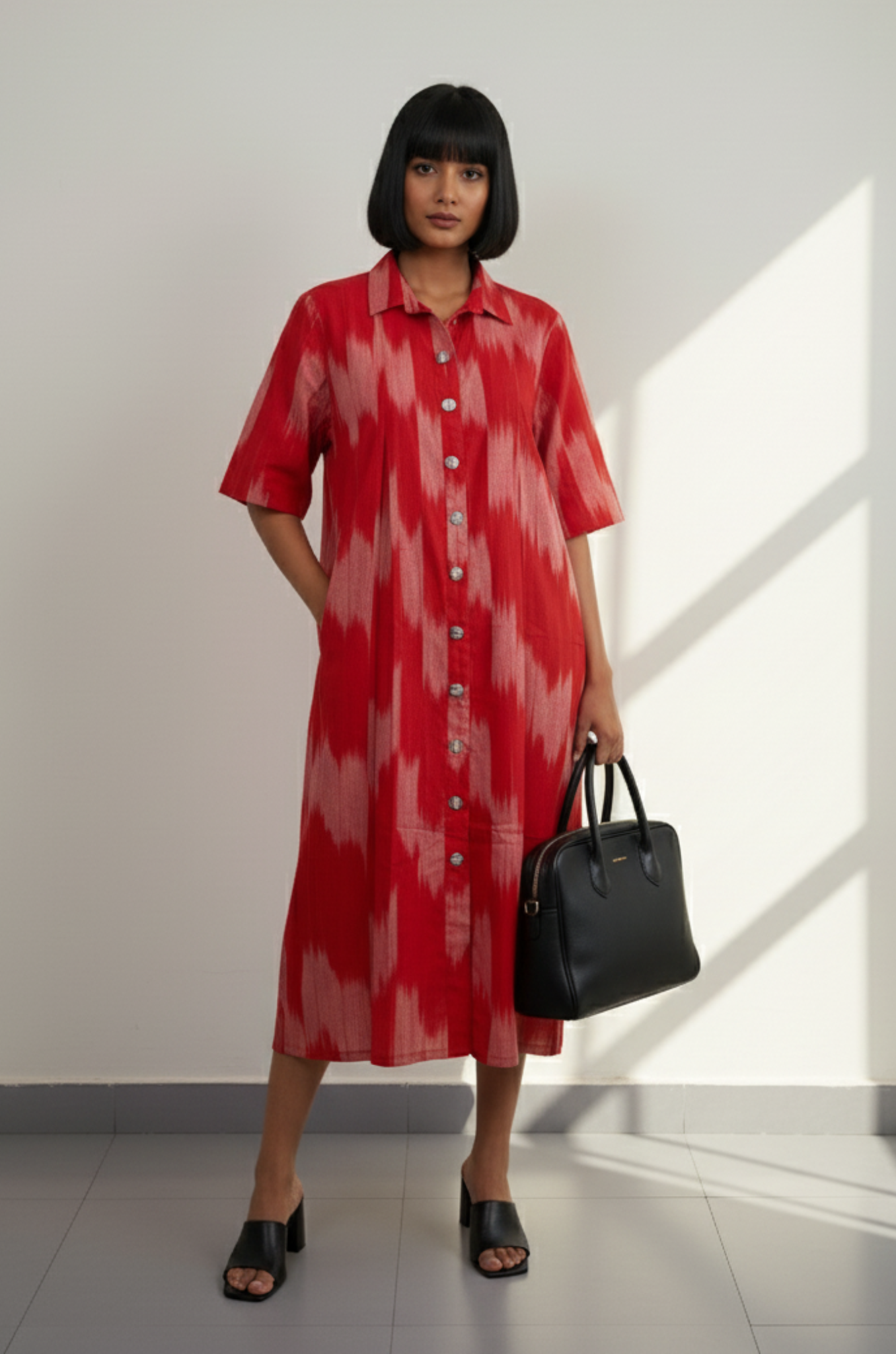 Maati  Ash Rose Cotton Ikat Box Pleat Button Down Shirt Dress