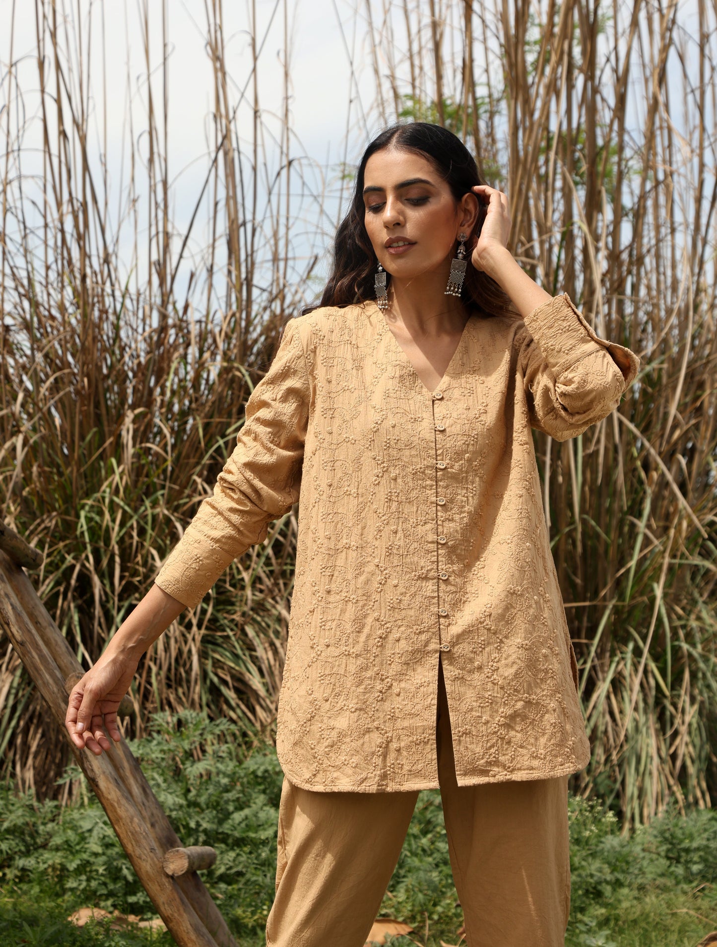 trueBrowns Peach Cotton Embroidered Co-ord Set