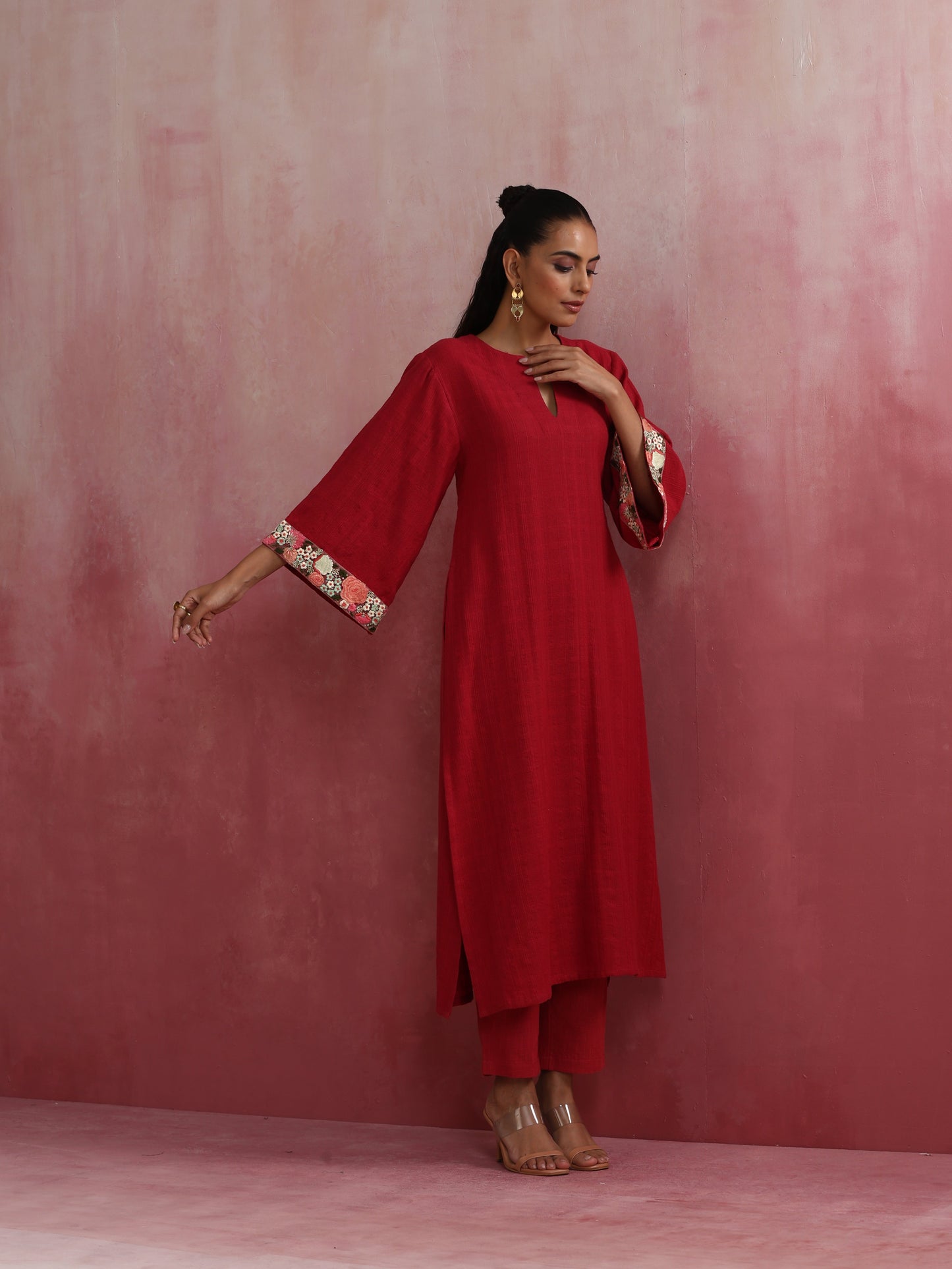 trueBrowns Red Straight Cotton Dobby Kurta Set